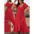 thumbnail image 1 of Rose Red Plus Size Women Tie-Wrap Ruffle Hem Maxi Dress With Puffed Sleeves Boho Western Style, 1 of 8