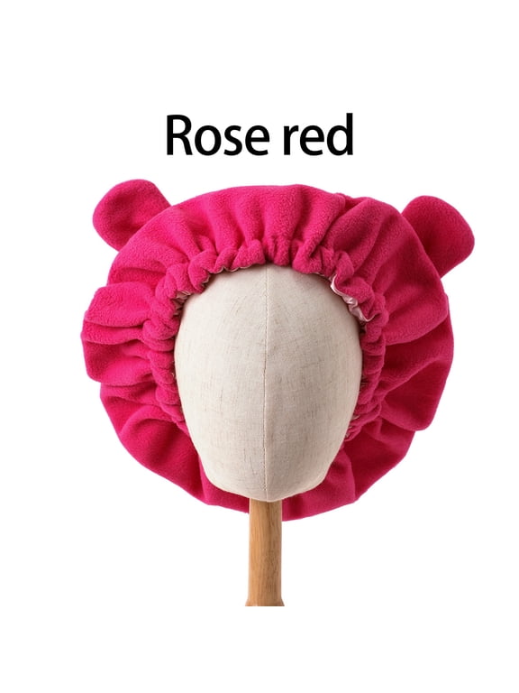 Rose Red Plush Double-Layer Sleep Cap, Cute Bear Ears Adjustable Hair Hat for Women & Kids, Soft Warm Night Bonnet