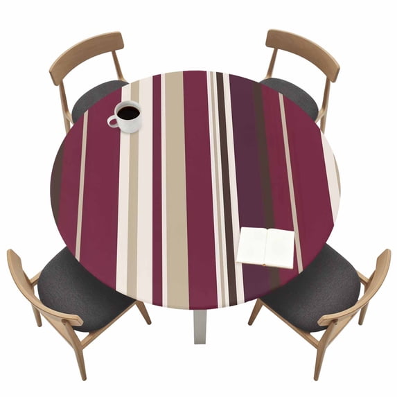 Rose Red Purple Stripes Fitted Tablecloth with Elastic Edged, Round Table Cloth for Dining Table, Farmhouse Colorful Abstract Lines Waterproof Oil Proof Table Cover for Indoor Outdoor 55"-60"