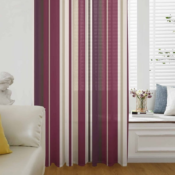 Rose Red Purple Stripes Semi Sheer Curtains Drapes for Living Room,Bedroom,French Doors Window 108 Inches Long,Farmhouse Colorful Abstract Lines Rod Pocket Chiffon Curtain Voile Drapery Panel