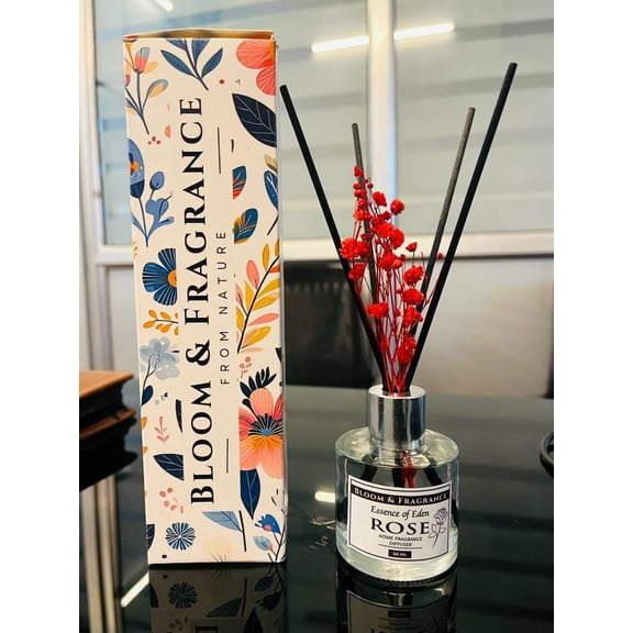 Rose Reed Diffuser 50ml Set | Free 4 Fiber Reed Sticks | Stress Relief & Aromatherapy | Long-Lasting, Smoke-Free Air Freshener for Home, Bedroom and Office | Ideal for Gifting