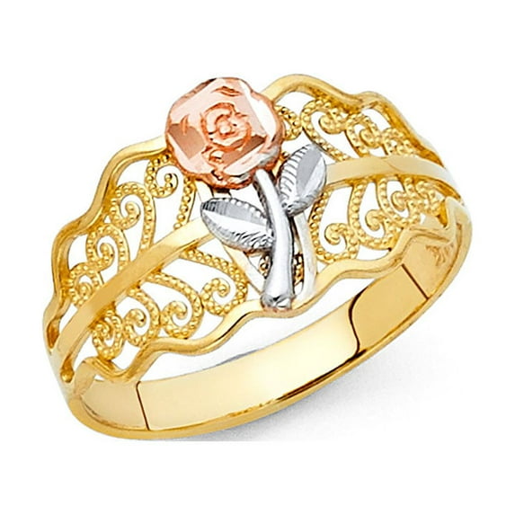 Rose Ring 14k Yellow White Rose Gold Wavy Flower Band Fancy Design Diamond Cut Solid 11MM, Size 5
