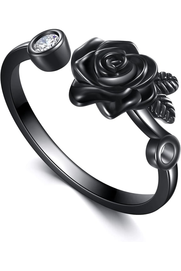 Rose Ring Sterling Silver Black Rose Flower Adjustable Ring Gothic Jewelry Gifts for Women