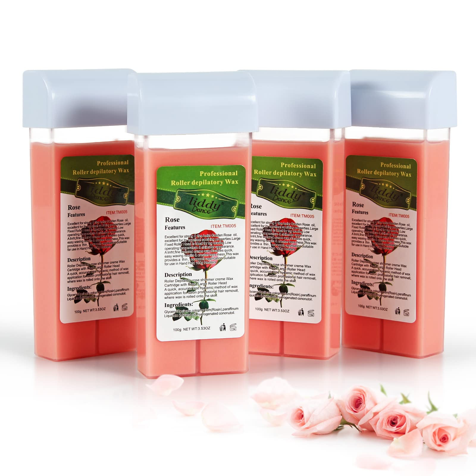 Rose Roll on Wax for Hair Removal, Soft Wax Roller Refill for Sensitive Skin Roller Waxing Kit for Women Depilatory Rolling Wax Roller Cartridge for Body Waxing Legs Arms at Home 4 Pack (14.1 OZ)