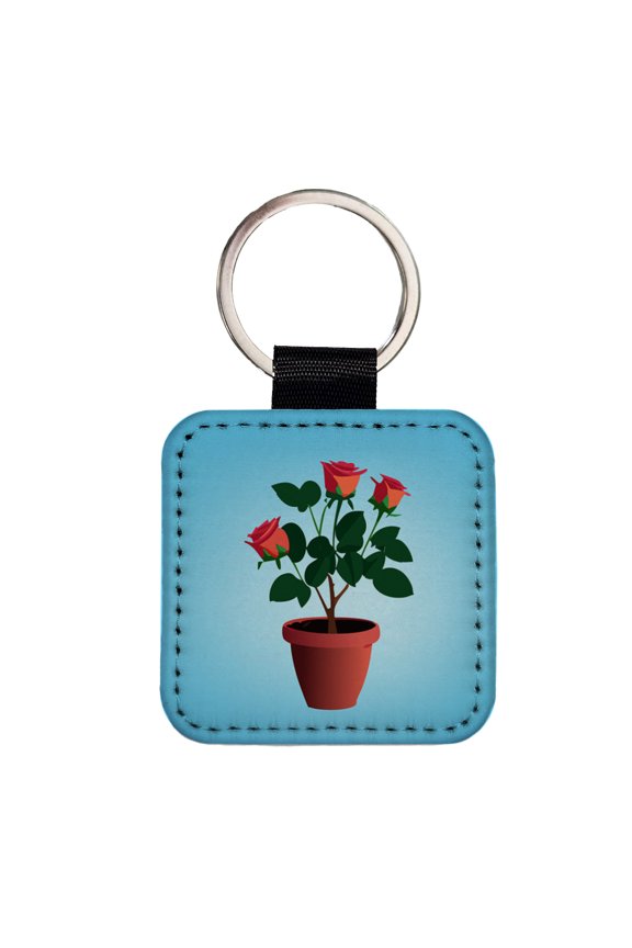 Rose Roses Bush in Pot Faux Leather Square Keychain