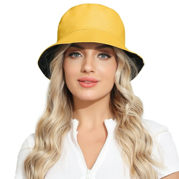 Rose Round Women’s Bucket Hat Sun Hat Summer Travel Outdoor Hats Reversible Double Sides Wear for Fishing Hiking Black & Yellow