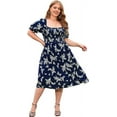 thumbnail image 1 of Rose Round Womens Plus Size Square Neck Smocked Midi Dress Floral Casual Dress with Puff Sleeve & Pockets (Blue, 3XL), 1 of 4