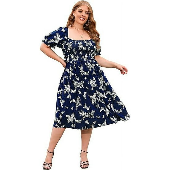 Rose Round Womens Plus Size Square Neck Smocked Midi Dress Floral Casual Dress with Puff Sleeve & Pockets (Blue, XL)