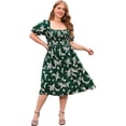 thumbnail image 1 of Rose Round Womens Plus Size Square Neck Smocked Midi Dress Floral Casual Dress with Puff Sleeve & Pockets (Green, 3XL), 1 of 4