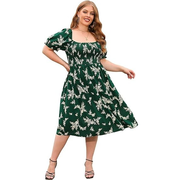 Rose Round Womens Plus Size Square Neck Smocked Midi Dress Floral Casual Dress with Puff Sleeve & Pockets (Green, 3XL)