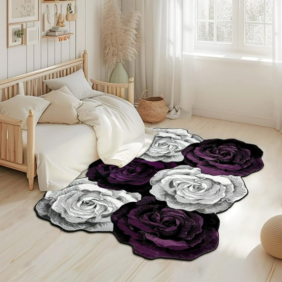 Rose Rug 5x7 Cute Plush Flower Roses Shaped Rug Girly Area Rugs forBedroom Floor Living Room Carpet 307 (Purple, 5' x 7')