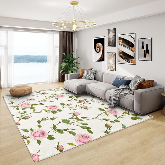 Rose Rugs for Bedroom - Rose Floral Rug, Washable Non-Slip Stain Resistant Pink Flower Area Rug, Floral Carpet for Living Room, Bedroom, Rose Flowers Home Decor & Gifts 5 x 8ft