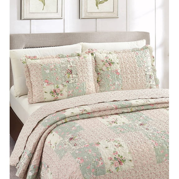 Rose and Sage Quilt Set, 3-Piece Bedding Sets, Traditional Patchwork Design, Washable and Reversible Bedspread, Soft Lightweight Coverlet, All-Season, Full/Queen, Light Pink Green