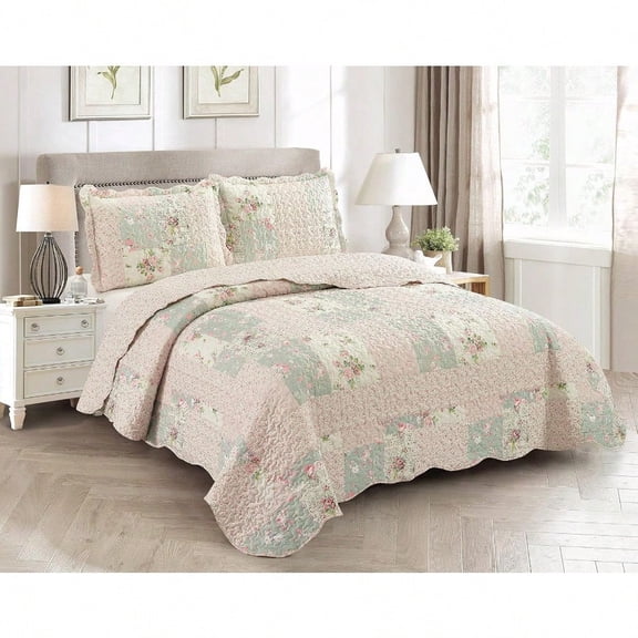 Rose And Sage Quilt Set 3Piece Bedding Sets Traditional Patchwork Design Washable And Reversible Bedspread Soft Lightweight Coverlet AllSeason Full Queen Light Pink Green