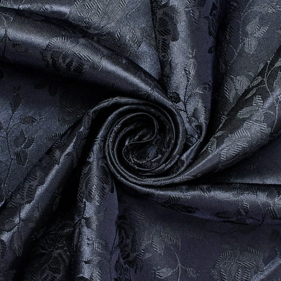 Rose Satin Jacquard Fabric - Navy Blue Polyester Double-Sided Floral 59/60" by The Yard