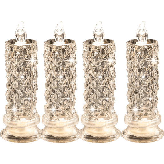 Rose Shadow LED Flameless Candles, 4pcs Crystal-Look LED Candles, Christmas No Flame Dinner Candles Battery Operated for Decoration, Wedding, Party, Dating, Festival Celebration(White, D 2.5"xH 7.2")
