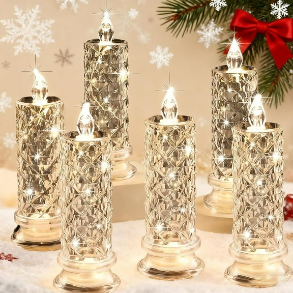 Rose Shadow LED Flameless Candles, 6PCS Romantic Crystal Glass Pillar Candles Battery Operated, Safe for Valentine's Day, Anniversary, Home Decor