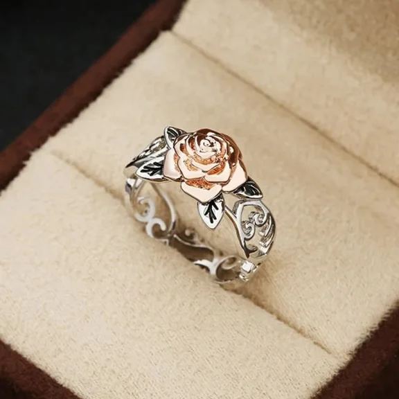 New Rose Shaped Ring for Women Vintage Style Hollow Out Flowers Double Color Rings Fashion Jewelry Engagement Rings for Women