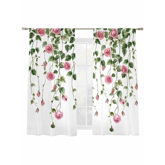 Rose Sheer Curtains 2 Panels Set Weeping Flower Sheer Window Curtains Light Filtering Rod Pocket Voile Drapes for Bedroom Living Room 52"x63"