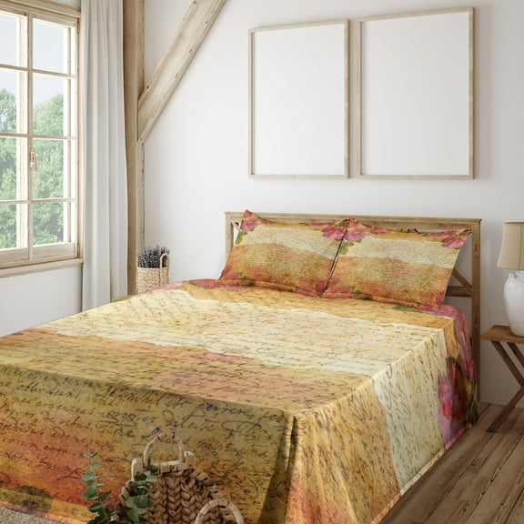 Ambesonne Rose Fitted & Top Sheet Set with Shams, Floral Retro Nostalgic, Cream Pink