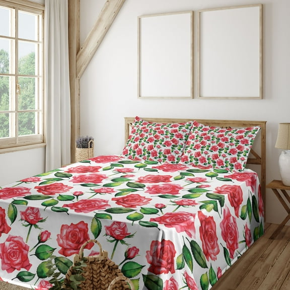 Ambesonne Rose Fitted & Top Sheet Set with Shams, Watercolor Fresh Blossoms, Red Green White