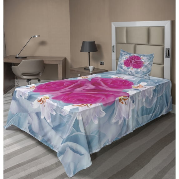 Ambesonne Nature Fitted & Top Sheet Set with Sham, Graphic Roses and Lilies, Fuchsia Blue