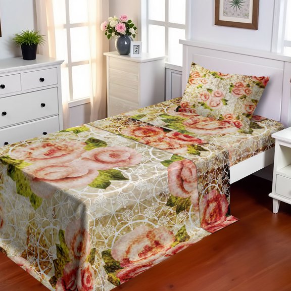 Ambesonne Retro Fitted & Top Sheet Set with Sham, Psychedelic Floral Motif, Pink Green Cream
