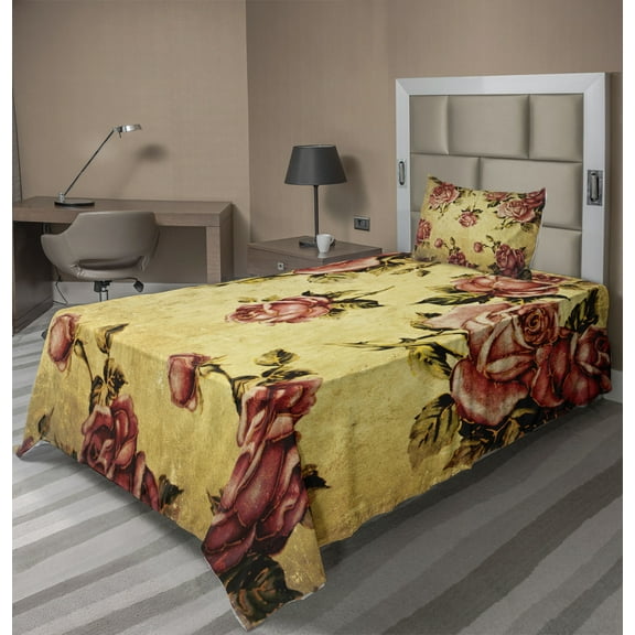 Ambesonne Rose Fitted & Top Sheet Set with Sham, Victorian Style Pattern, Cream Pink Green