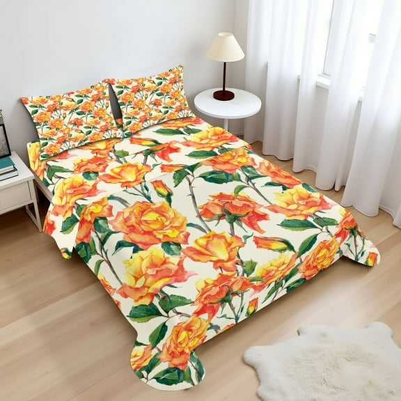 Ambesonne Rose Fitted & Top Sheet Set with Shams, Old Bridal Vivid Bouquet, Cream Orange Green