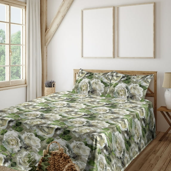 Ambesonne Rose Fitted & Flat Sheet with Shams 4 Pcs Set, Romantic Innocent Flowers Art, King, Eggshell Dark Sepia and Green