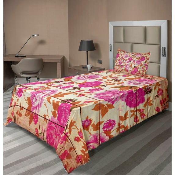 Ambesonne Vintage Fitted & Top Sheet Set with Sham, Roses on Wood Backdrop, Pink Orange