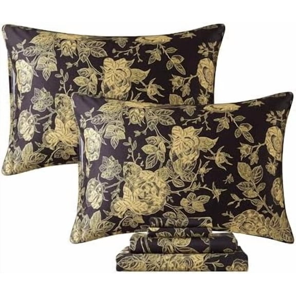 Rose Sheets Set Queen Vintage Black Gold Floral Bedding Shabby Peony Botanical Sheets Luxury Farmhouse Bedding 800 Thread Count 100% Egyptian Cotton Deep Pocket Fitted Sheet 4Pcs, Queen Size
