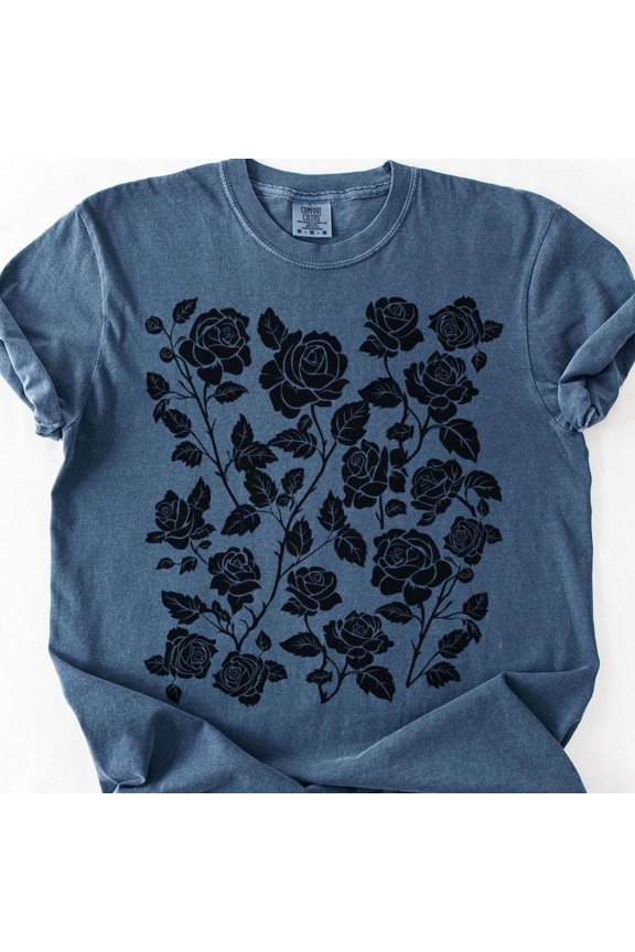 Rose Shirt Floral Tshirt Linocut Block Print Floral Flower Tshirt Black Rose Tee Cottageco