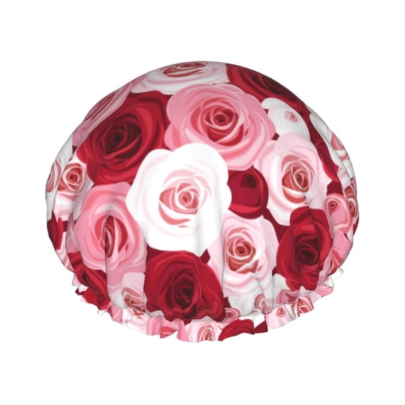 Rose Shower Cap, Reusable Bath Hair Hat for all Hair Lengths Hair Cover with Elastic Band Double Waterproof Layers Bathing Hat