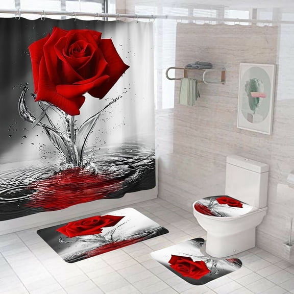 Rose Shower Curtain Bathroom Rug Set Thick Bath Mat Non-Slip Toilet Lid Cover