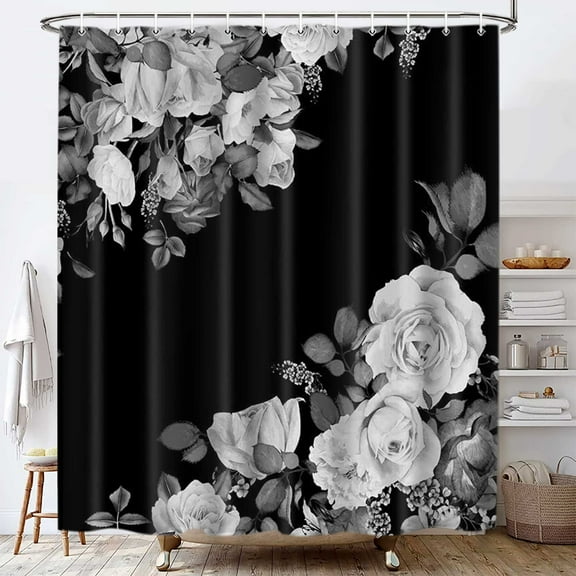 Rose Shower Curtain, Black and White Floral Bathroom Decor White Gray Shower Curtains for Bathroom Fabric Bath Accessories 12 Pack Hooks 69x70inch