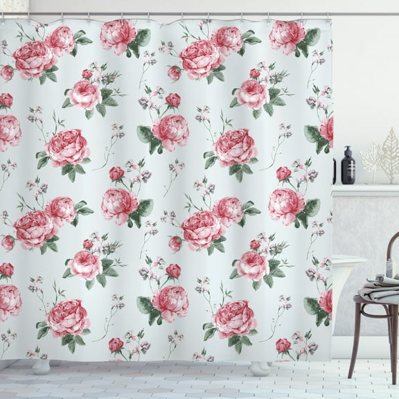 Rose Shower Curtain, Blooming English Rose Watercolor Painting Style Garden Shabby Chic Wild Flowers, Fabric Bathroom Set with Hooks, 69W X 70L Inches, Reseda Green Pink, by Ambesonne