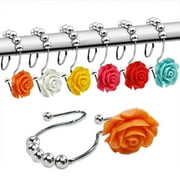 Rose Shower Curtain Hooks,12 Pcs Double Glide Shower Curtain Rings Stainless Steel Rustproof Decorative Shower Hook Ring with Resin Rose Flower for Bathroom Shower Rods