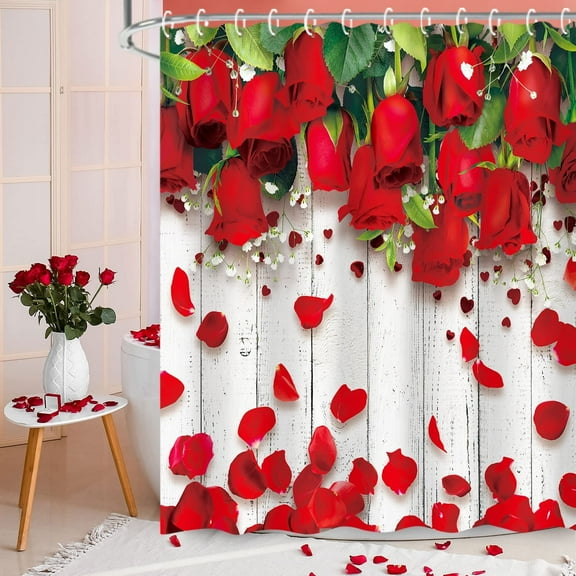 Rose Shower Curtain, Red Rose Shower Curtain Set with 12 Hooks, Waterproof Floral Shower Curtain for Bathroom, Valentines Day Shower Curtain, 72''''W X 72''''H
