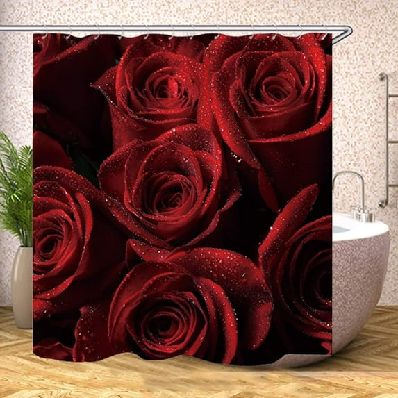 Rose Shower Curtain ,Romantic Floral Flower Decorative Pattern Black and Red Polyester Cloth Print Bathroom Curtains Include Hooks Set 72〃w by 72〃L(YL0521)