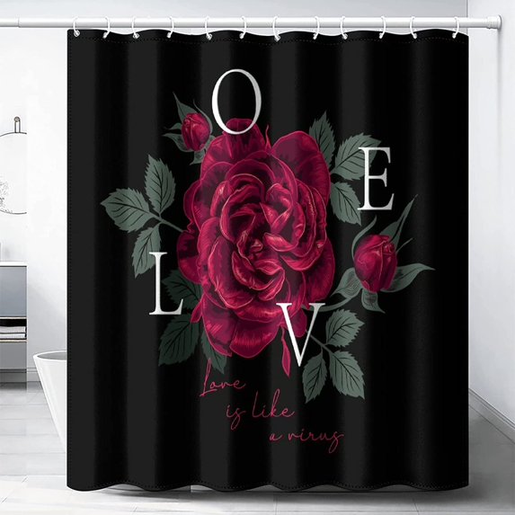 Rose Shower Curtain, Valentine''s Day Shower Curtain, Black and White Striped Shower Curtain, 12 Hook Waterproof Shower Curtain, Red Rose Bathroom Decoration Waterproof Shower Curtain 66x72Inch