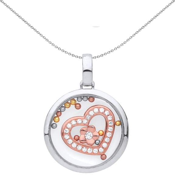 Rose Silver Jewelco London CZ Floating Bead Love Heart Pendant Necklace 18 inch