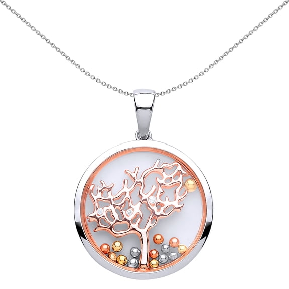 Rose Silver Jewelco London CZ Floating Bead Tree of Life Pendant Necklace 18inch