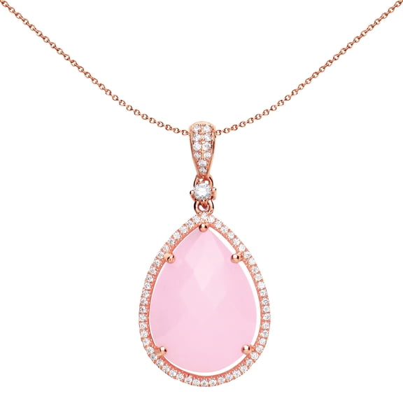 Rose Silver Jewelco London Pink Pear Quartz CZ Teardrop Halo Necklace 18 inch