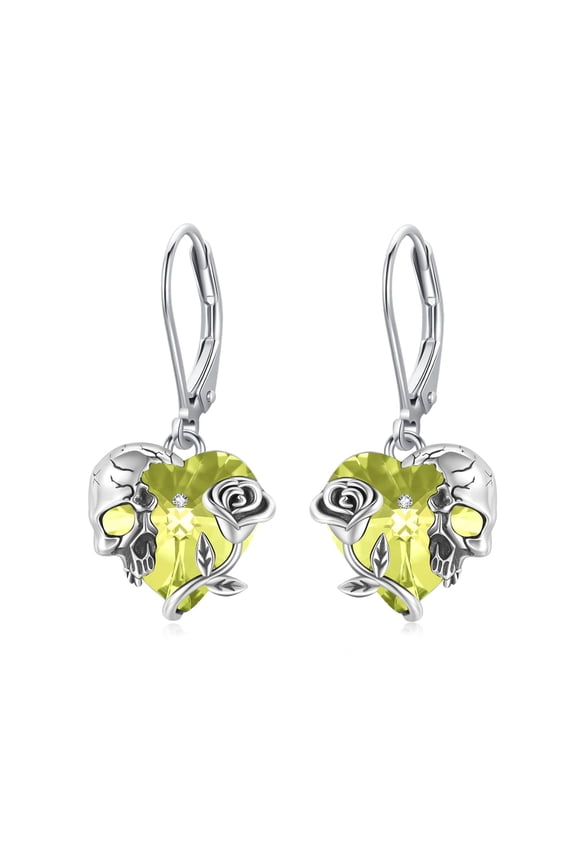Rose Skull Earrings S925 Sterling Silver Heart Crystal April Birthstone Dangle Drop Earrings Skeleton Leverback Earrings Hypoallergenic Gothic Skull Jewelry for Women Halloween Gifts