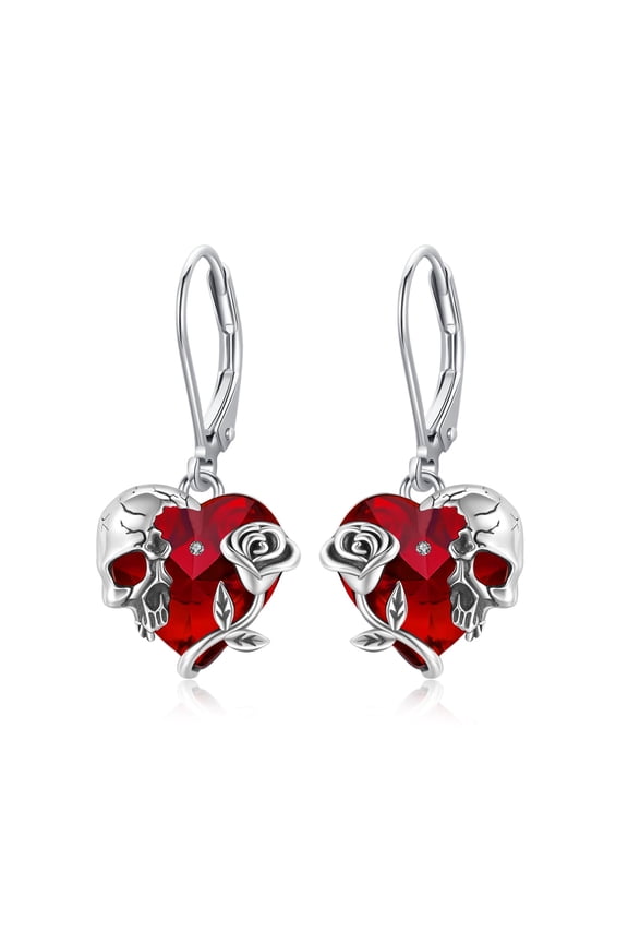Rose Skull Earrings S925 Sterling Silver Heart Crystal Birthstone Dangle Drop Earrings Skeleton Leverback Earrings Gothic Skull Jewelry for Women Halloween Gifts