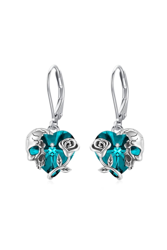Rose Skull Earrings S925 Sterling Silver Heart Crystal December Birthstone Dangle Drop Earrings Skeleton Leverback Earrings Hypoallergenic Gothic Skull Jewelry for Women Halloween Gifts