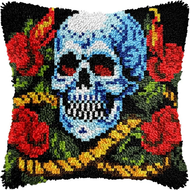 Rose Skull Latch Hook Pillows Kits Cushion Pillow Cover with Pattern Printed Canvas Sofa Hooking Pillowcase Crafts Embroidery Latch Hooking Crochet Kits Set 17x17 inch(1)