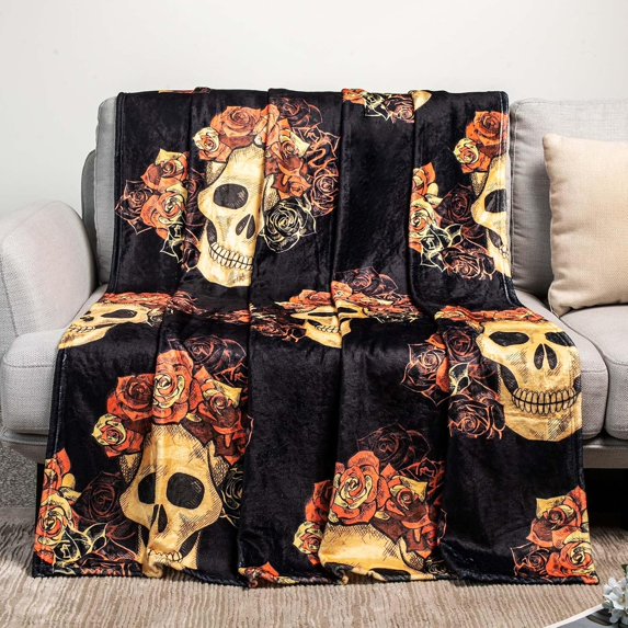 Rose Skull throw Blanket Gothic Black Blanket Skeleton Blanket Witch Blanket for Skull Bedding Goth Bedding Haunted Mansion Couch Sofa Bed Chair Use, (rose skull 50 x 60 Inch)