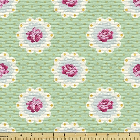 Ambesonne Rose Fabric by the Yard Upholstery, Vintage Feels Floral Polka Dot, 10 Yards, Magenta Pale Green